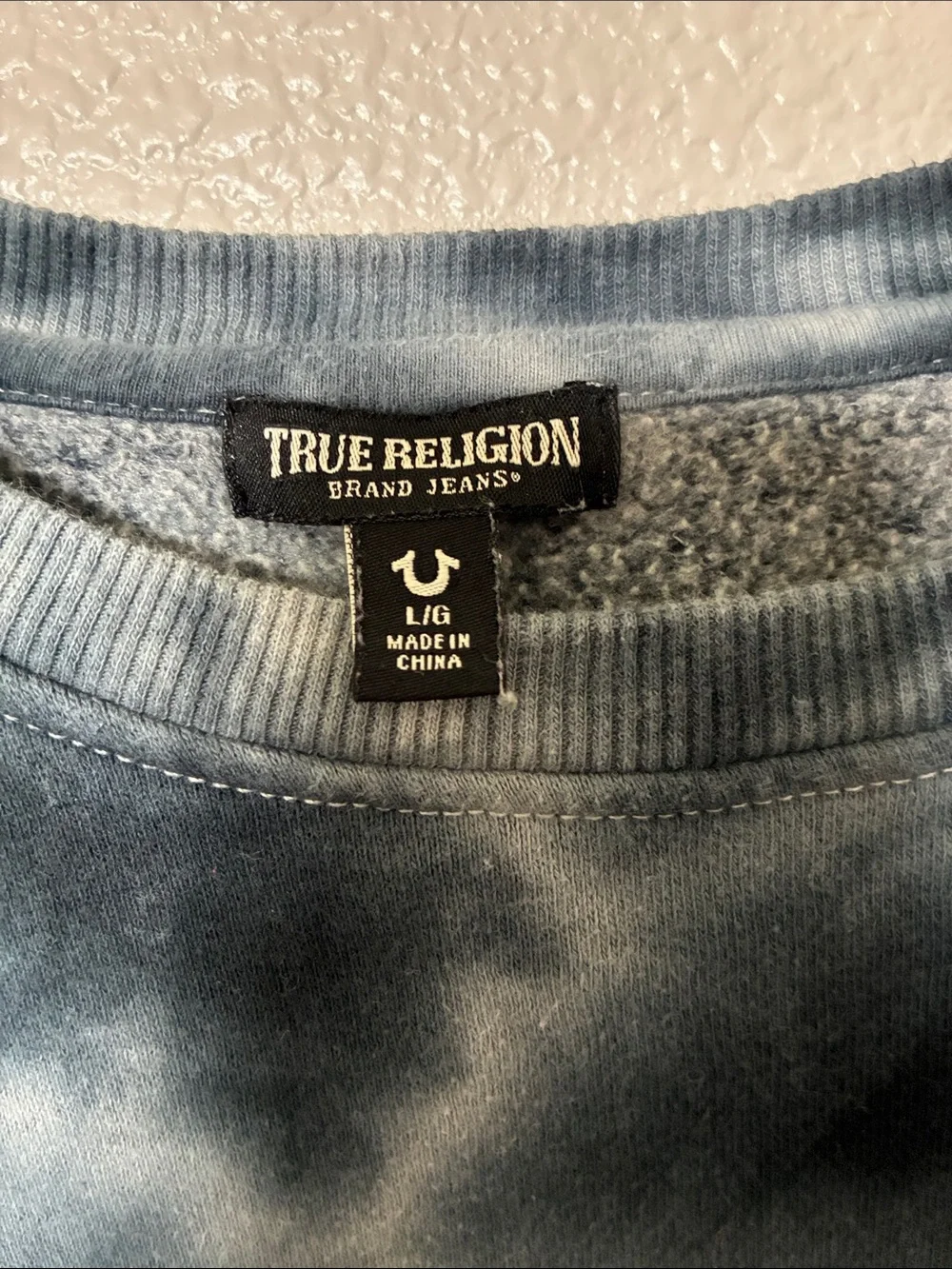 True Religion Blue & White Tie-Dye Crewneck with Maroon Logo Patch